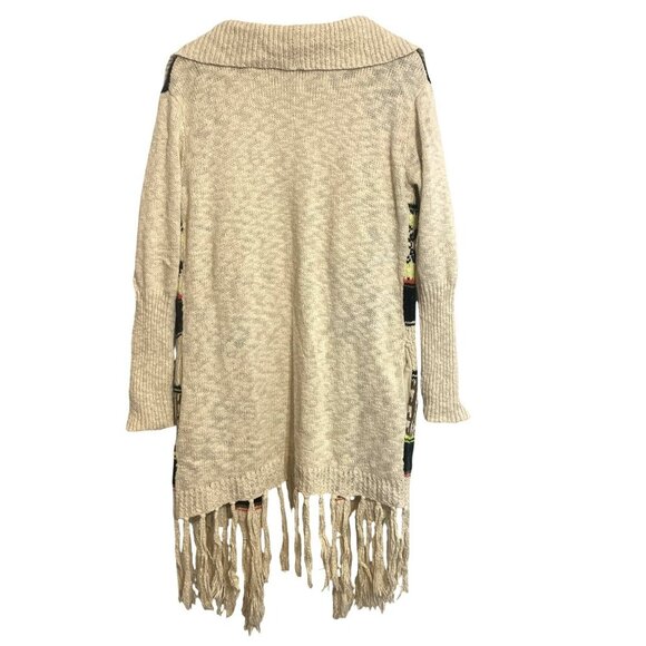 Princess Vera Wang Ivory Cardigan Sz L Tribal Southwestern Fringe Bohocore - Picture 2 of 4